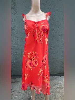 New York & Company Orange Floral Dress Size 14 Chiffon Midi Summer